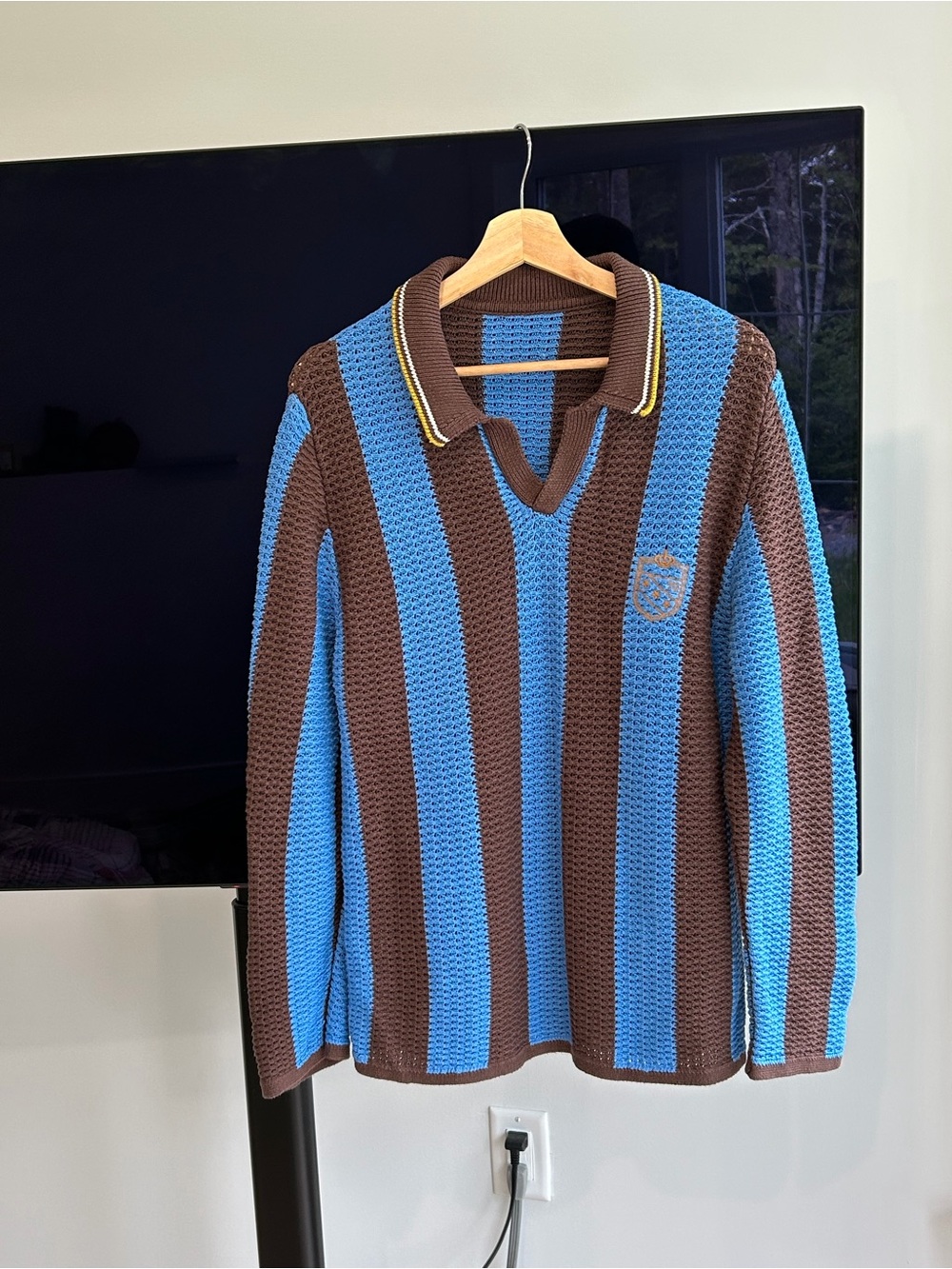 Blue and Brown Striped Knit Polo Sweater